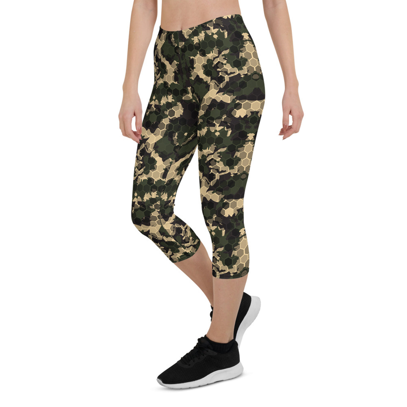 Womens Army Camo Capri Leggings with Honeycombs - MAEZTOZO