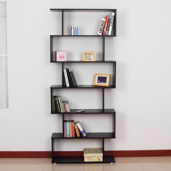 HOMCOM Wooden S Shape Bookcase 6 Shelves Storage Display Home Office - MAEZTOZO