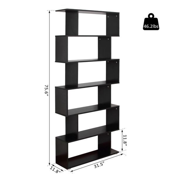 HOMCOM Wooden S Shape Bookcase 6 Shelves Storage Display Home Office - MAEZTOZO