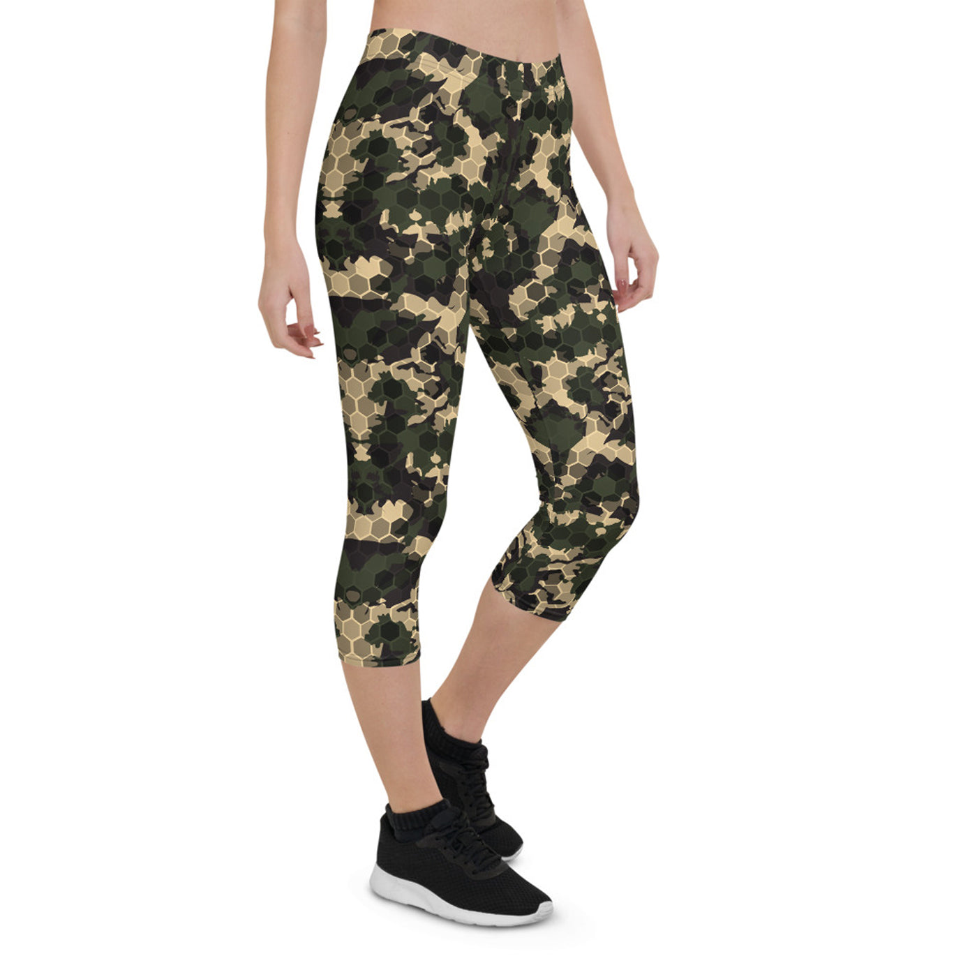 Womens Army Camo Capri Leggings with Honeycombs - MAEZTOZO