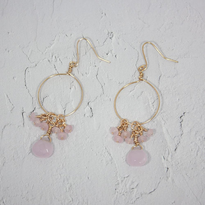 Pink Chalcedony and Jade Cluster Hoop Earrings - MAEZTOZO